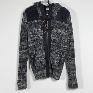 Leif Nelson Zip Up Hooded Slim Fit Cardigan Sweater Mens Sz L Marled Black